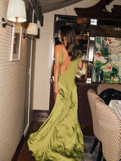 Green Satin Ruffle Backless Dress